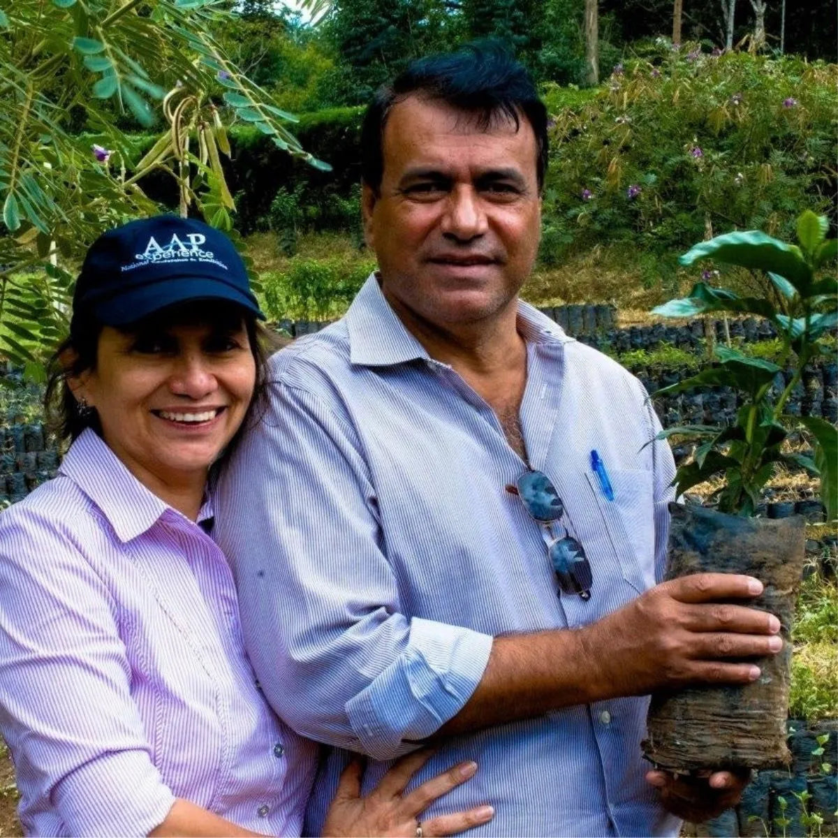 Nicaraguan coffee producer Enrique Ferrufino holding a young coffee plant at Finca Aurora in Matagalpa, Nicaragua, part of Origin Hill Coffee Roasters everyday collection roasted in Toronto.