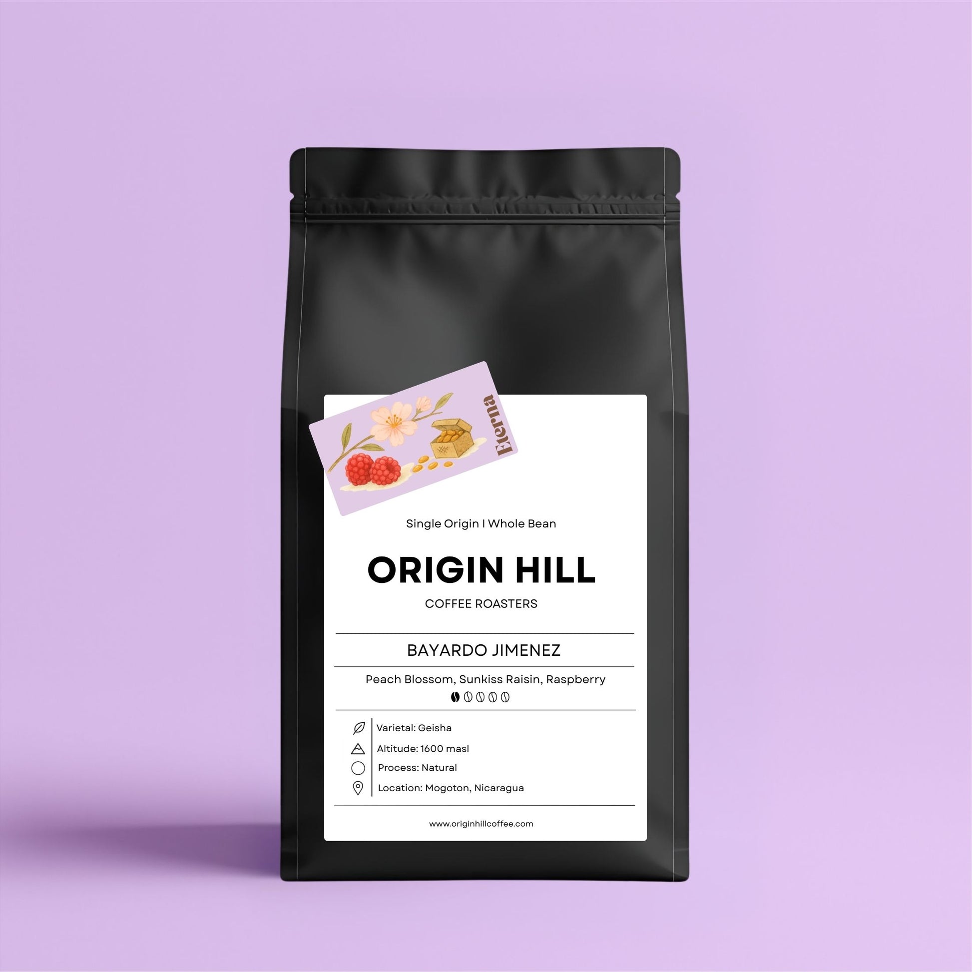 Nicaraguan Geisha coffee by Bayardo Jimenez, roasted in Toronto by Origin Hill Coffee Roasters. Flavor notes of peach blossom, raisin, and raspberry.