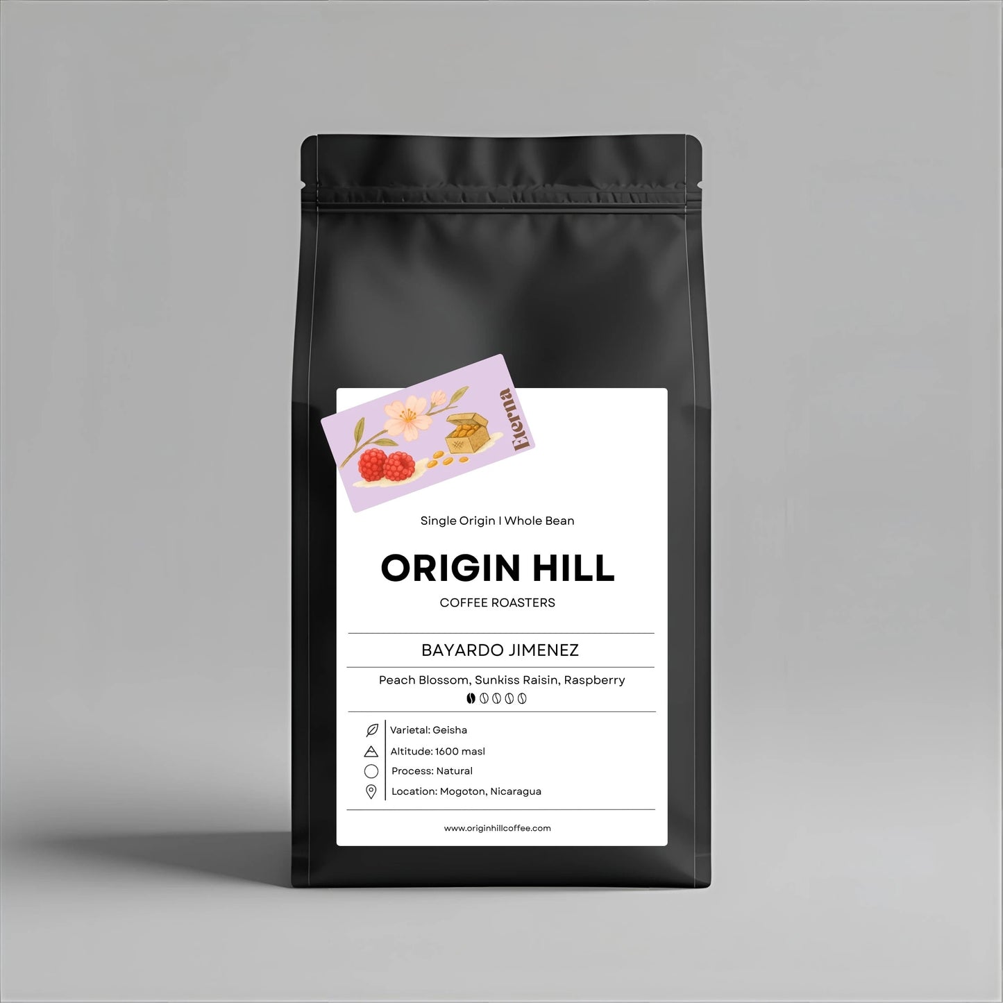 Nicaraguan Geisha coffee by Bayardo Jimenez, roasted in Toronto by Origin Hill Coffee Roasters. Flavor notes of peach blossom, raisin, and raspberry.