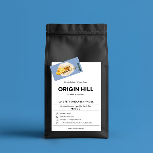 Colombian coffee by Luis Fernando Benavides, Geisha varietal, roasted in Toronto by Origin Hill Coffee Roasters. Notes of orange blossom, vanilla, and black tea.