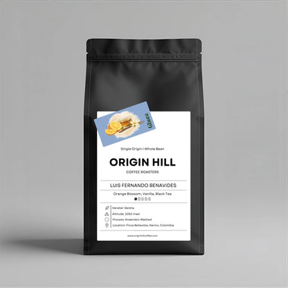 Colombian coffee by Luis Fernando Benavides, Geisha varietal, roasted in Toronto by Origin Hill Coffee Roasters. Notes of orange blossom, vanilla, and black tea.