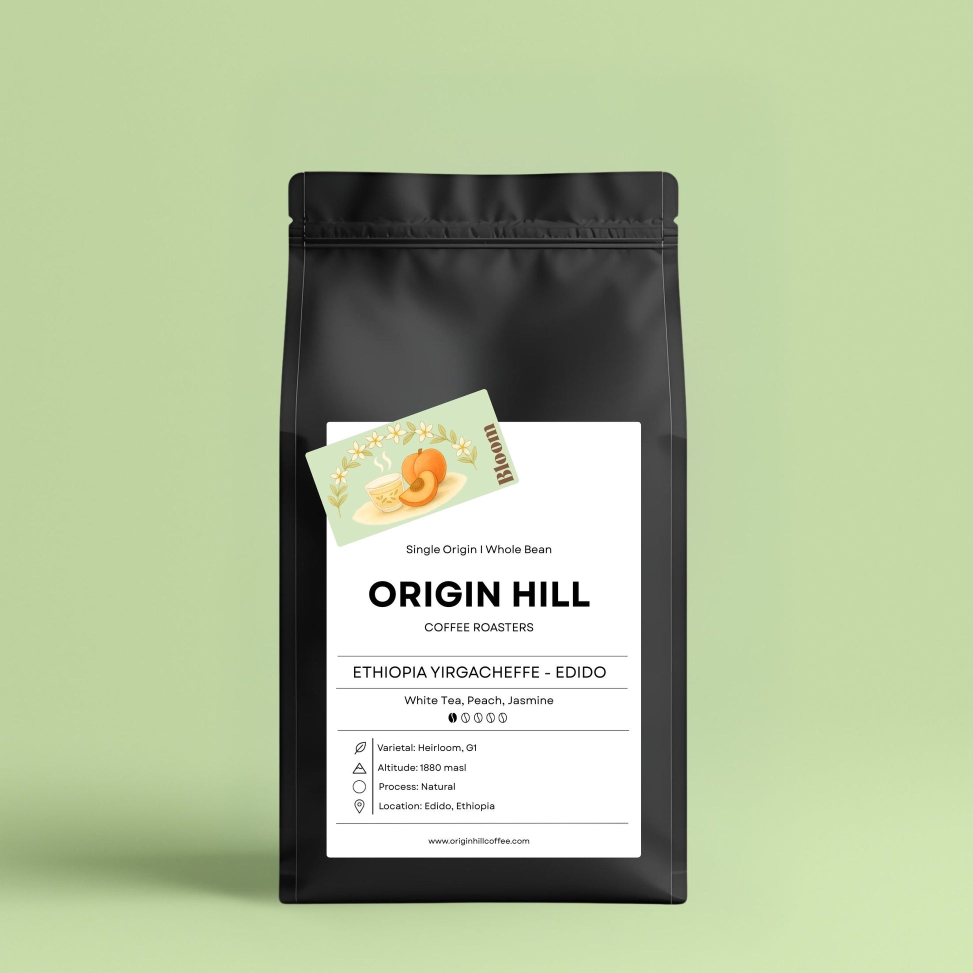 Ethiopian Yirgacheffe coffee from Edido, Heirloom varietal, roasted in Toronto by Origin Hill Coffee Roasters. Floral notes of white tea, peach and jasmine.