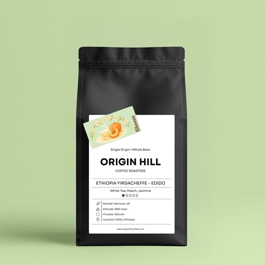 Ethiopian Yirgacheffe coffee from Edido, Heirloom varietal, roasted in Toronto by Origin Hill Coffee Roasters. Floral notes of white tea, peach and jasmine.