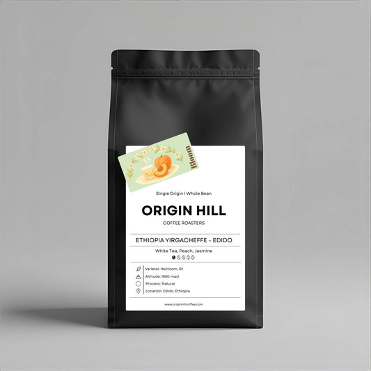 Ethiopian Yirgacheffe coffee from Edido, Heirloom varietal, roasted in Toronto by Origin Hill Coffee Roasters. Floral notes of white tea, peach and jasmine.