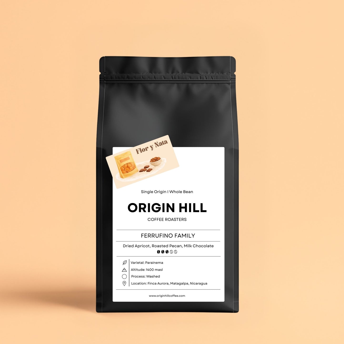 Nicaraguan coffee by Ferrufino family, Parainema varietal, roasted in Toronto by Origin Hill Coffee Roasters. Notes of dried apricot, roasted pecan, and milk chocolate.