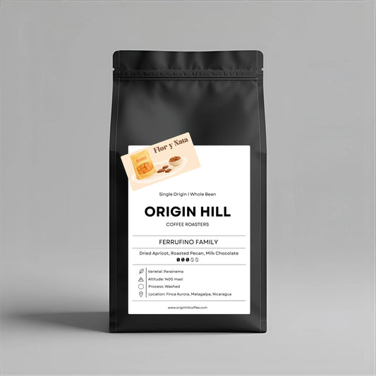 Nicaraguan coffee by Ferrufino family, Parainema varietal, roasted in Toronto by Origin Hill Coffee Roasters. Notes of dried apricot, roasted pecan, and milk chocolate.