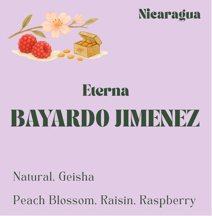 Specialty Geisha coffee beans from Bayardo Jimenez, grown in Mogoton, Nicaragua. Small-batch roasted in Toronto by Origin Hill Coffee Roasters
